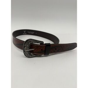 American Bison Genuine Leather Western Belt Brown Tooled Engraved Buckle Size S